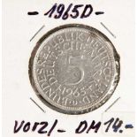 5 DM, Silberadler, 1965 D, vz., Vorderseite mit Aufschrift "Bundesrepublik Deutschland, 5Deutsche