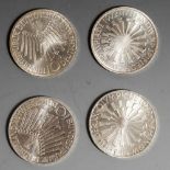 4x 10 DM Sondermünzen "Olympiade 1972 - Strahlenspirale", Spiele der XX. Olympiade 1972 inMünchen
