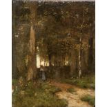 Unbekannter Künstler (19. Jahrhundert), Reissigsammlerin auf einsamem Waldweg, Öl/Holz,re. u.