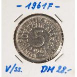 5 DM, Silberadler, 1961 F, vz./ss., Vorderseite mit Aufschrift "BundesrepublikDeutschland, 5