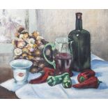 Naveaux, Geo (20. Jahrhundert), "Nature morte aux poivrons", Stilleben mit Paprika,Weinflasche,