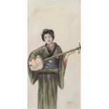 Tsutaya, Ryuko (1868-1933), "Geisha", eine Shamisen (dreisaitiges, gezupftesLauteninstrument)