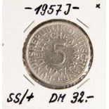 5 DM, Silberadler, 1957 J, ss./+., Vorderseite mit Aufschrift "Bundesrepublik Deutschland,5 Deutsche