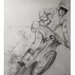 Skizze zweier Motocross-Fahrer, Kohle/Lw, unten rechts sign. u. dat. Franc Manuc 76. Ca.92 x 80