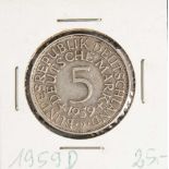 5 DM, Silberadler, 1959 D, Vorderseite mit Aufschrift "Bundesrepublik Deutschland, 5Deutsche Mark