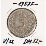 5 DM, Silberadler, 1957 F, vz./ss., Vorderseite mit Aufschrift "BundesrepublikDeutschland, 5