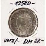 5 DM, Silberadler, 1958 D, vz., Vorderseite mit Aufschrift "Bundesrepublik Deutschland, 5Deutsche