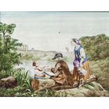 Unbekannter Künstler (wohl 19. Jahrhundert), Maler mit Zeichenblock u. 2 Damen an See,Öl/