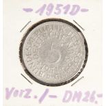 5 DM, Silberadler, 1951 D, vz., Vorderseite mit Aufschrift "Bundesrepublik Deutschland, 5Deutsche