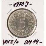 5 DM, Silberadler, 1970 J, vz./+, Vorderseite mit Aufschrift "Bundesrepublik Deutschland,5