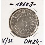 5 DM, Silberadler, 1960 J, vz./ss., Vorderseite mit Aufschrift "BundesrepublikDeutschland, 5