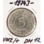 5 DM, Silberadler, 1974 J, vz./+, Vorderseite mit Aufschrift "Bundesrepublik Deutschland,5