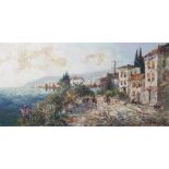 Nilsen, H. (geb. wohl 1908), Lago di Garda mit Dorfstrasse und Blick auf den Hafen, Öl/Lw,re. u.