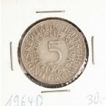 5 DM, Silberadler, 1964 D, Vorderseite mit Aufschrift "Bundesrepublik Deutschland, 5Deutsche Mark