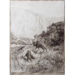 Wohl Bracht, Eugen (1842-1921), Darst. eines Elches im Kampf mit Jagdhunden, inunmittelbarer Nähe