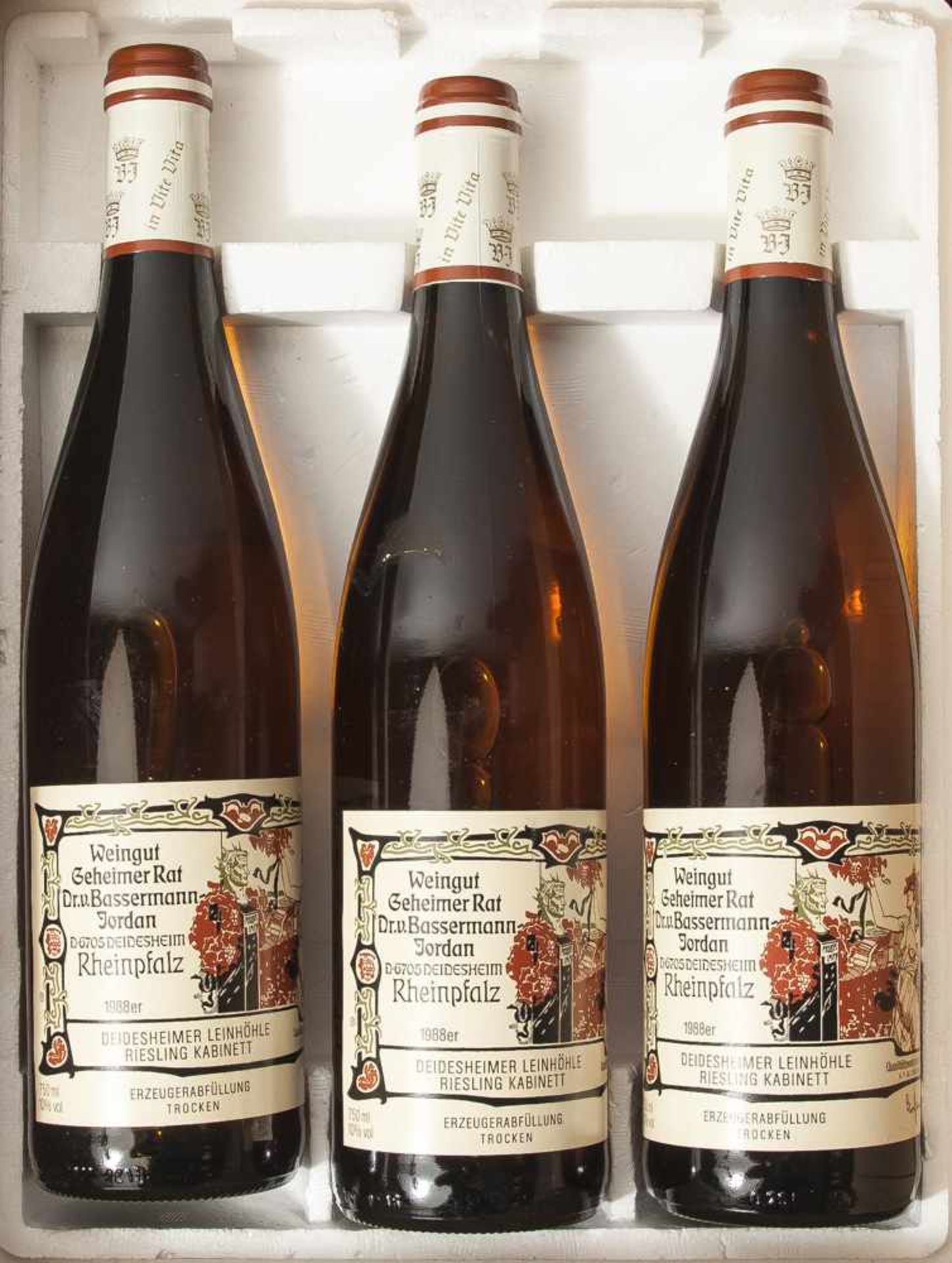 6 Weinflaschen, 1988er Deidesheimer Leinhöhle Riesling Kabinett, trocken, Weingut GeheimerRat, Dr.