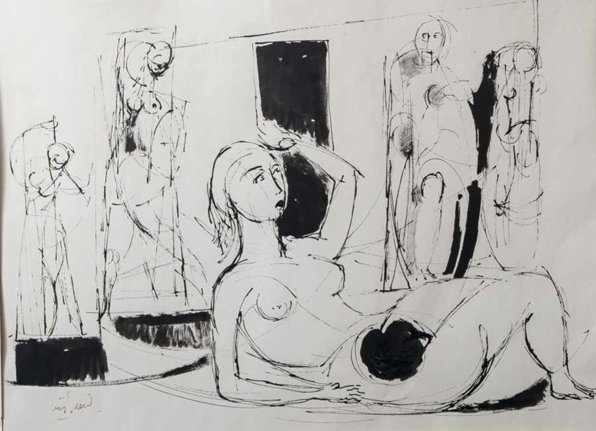 Unbekannter Künstler (20. Jahrhundert), Tuschezeichnung: Weibliche Aktdarstellungen, ca.61,5 x 44
