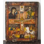 Vierfelderikone, Russland, wohl 18. Jahrhundert, Eitempera/Holz, im Zentrum Christus amKreuz, in den