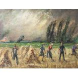 Holtmann, Willi (1908-1984), Getreideernte bei aufziehendem Sturm, Öl/Platte, li. u. sign.Ca. 60 x