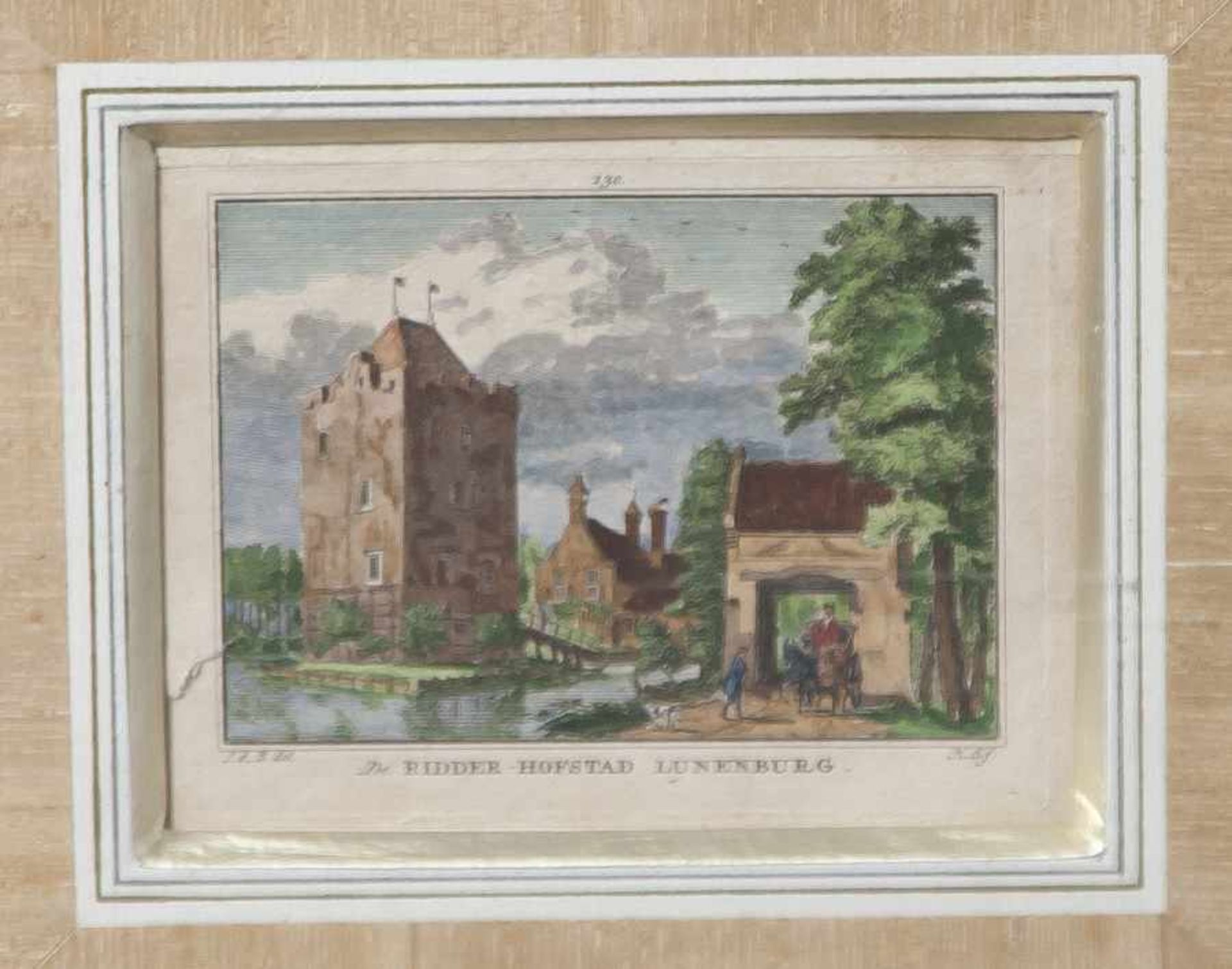 Monogr. H.S.F., "De Ridden-Hofstad Lunenburg", kolorierter Stich. Ca. 9 x 11 cm, PP,hinter Glas