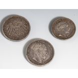 Konvolut Silbermünzen, drei Stück: Friedrich von Baden, Fünf Mark 1912 A Wilhelm DeutscherKaiser und