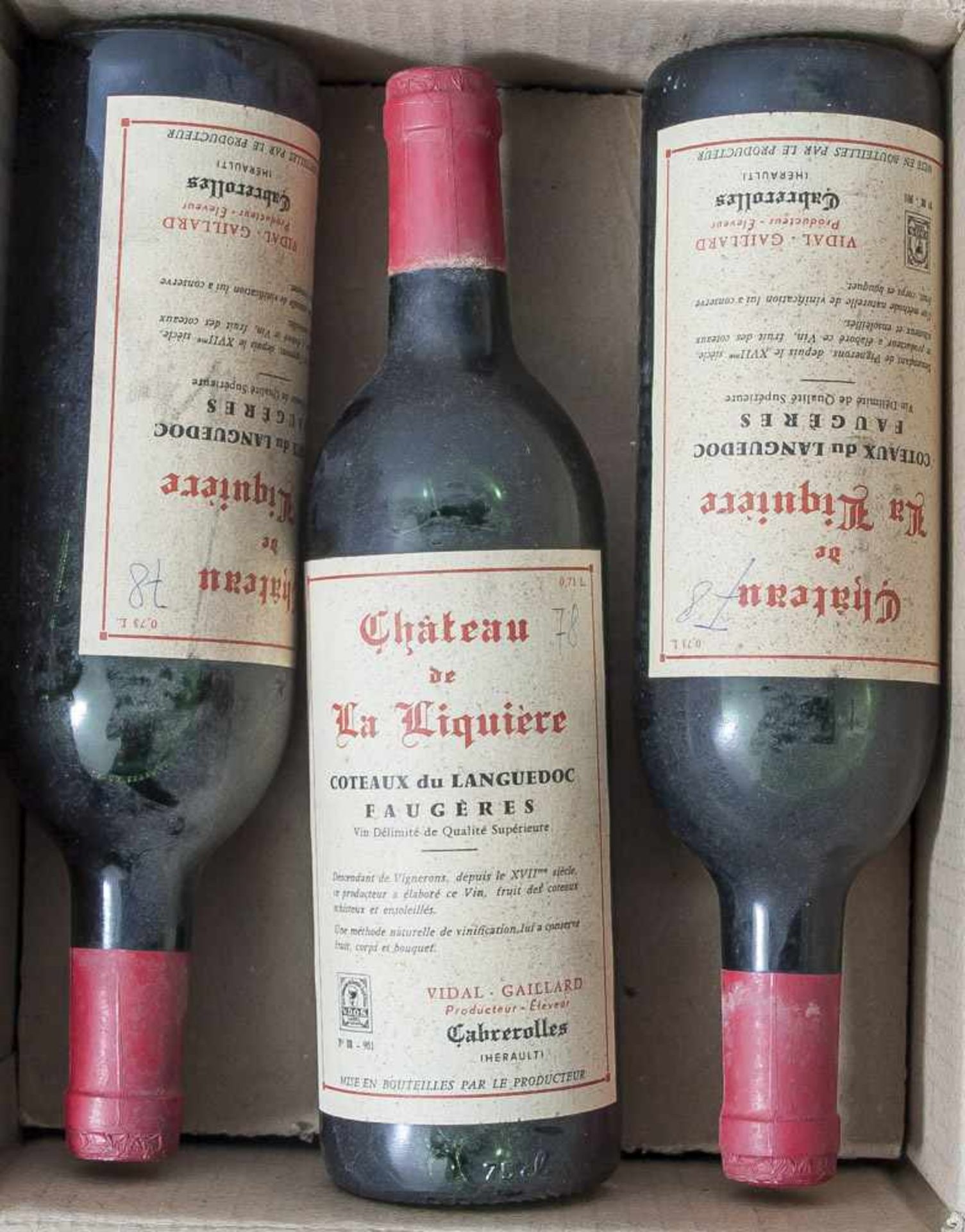 6 Weinflaschen, 1978er Coteaux de la Liquière, Coteaux du Languedoc Faugéres, Qualitesuperieure,