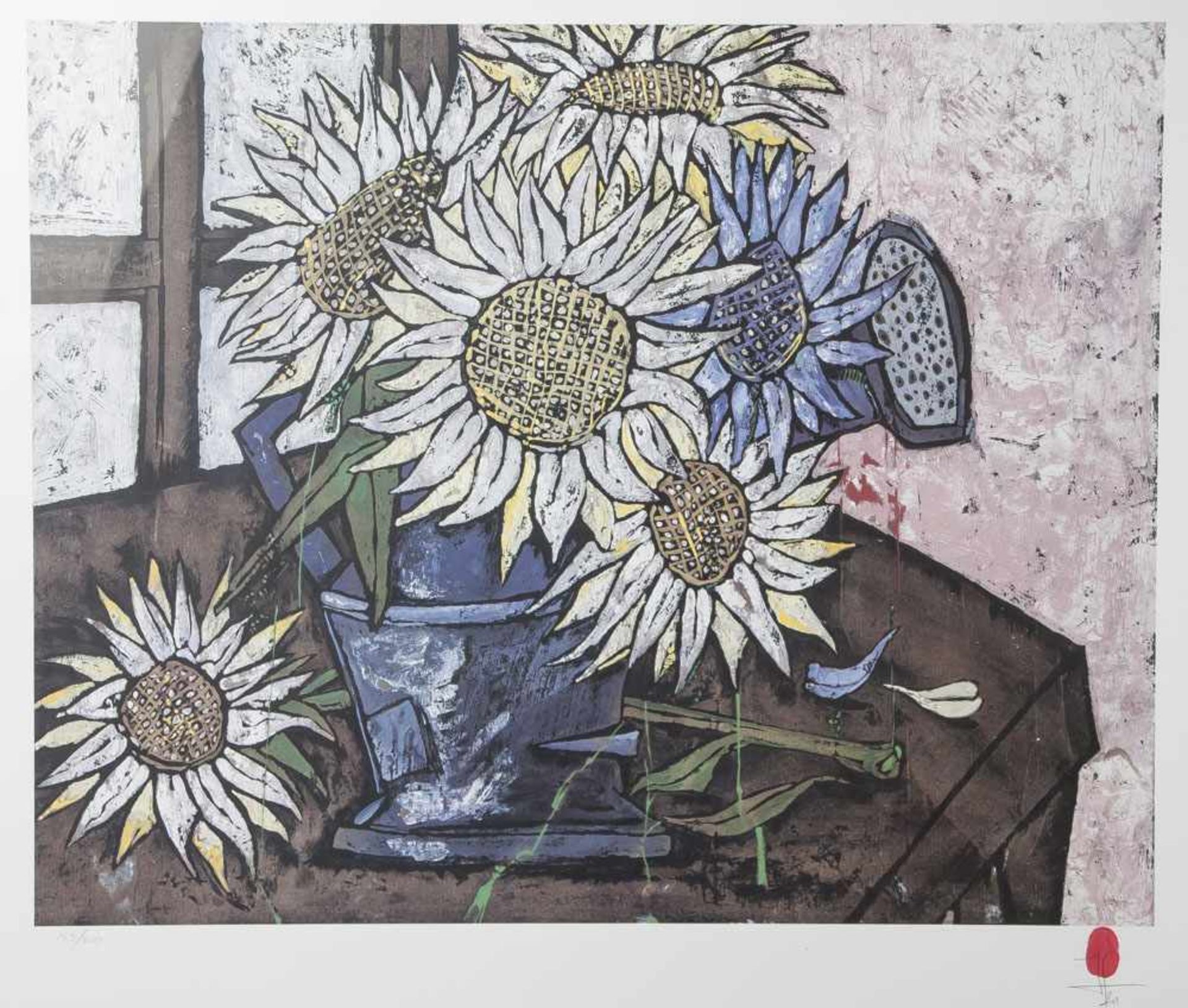 Fuertes, Jesùs Gomez (1938-2006), Blumen in blauer Gießkanne vor Fenster, Offsetdruck, re.u. mit
