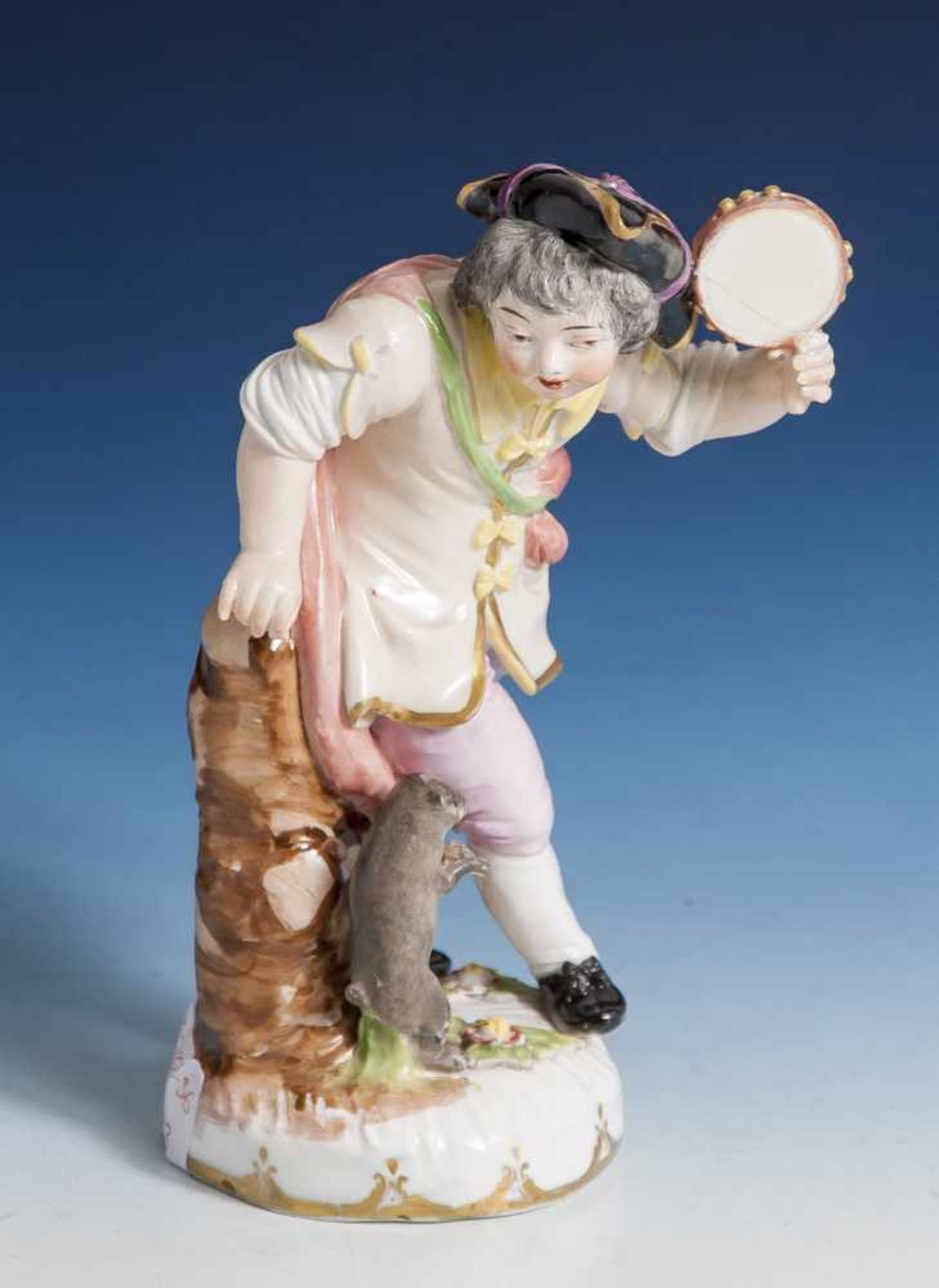 Tamburinspieler mit Mops, Wiener Porzellanmanufaktur, Ende 18. Jahrhundert,unterglasurblaue