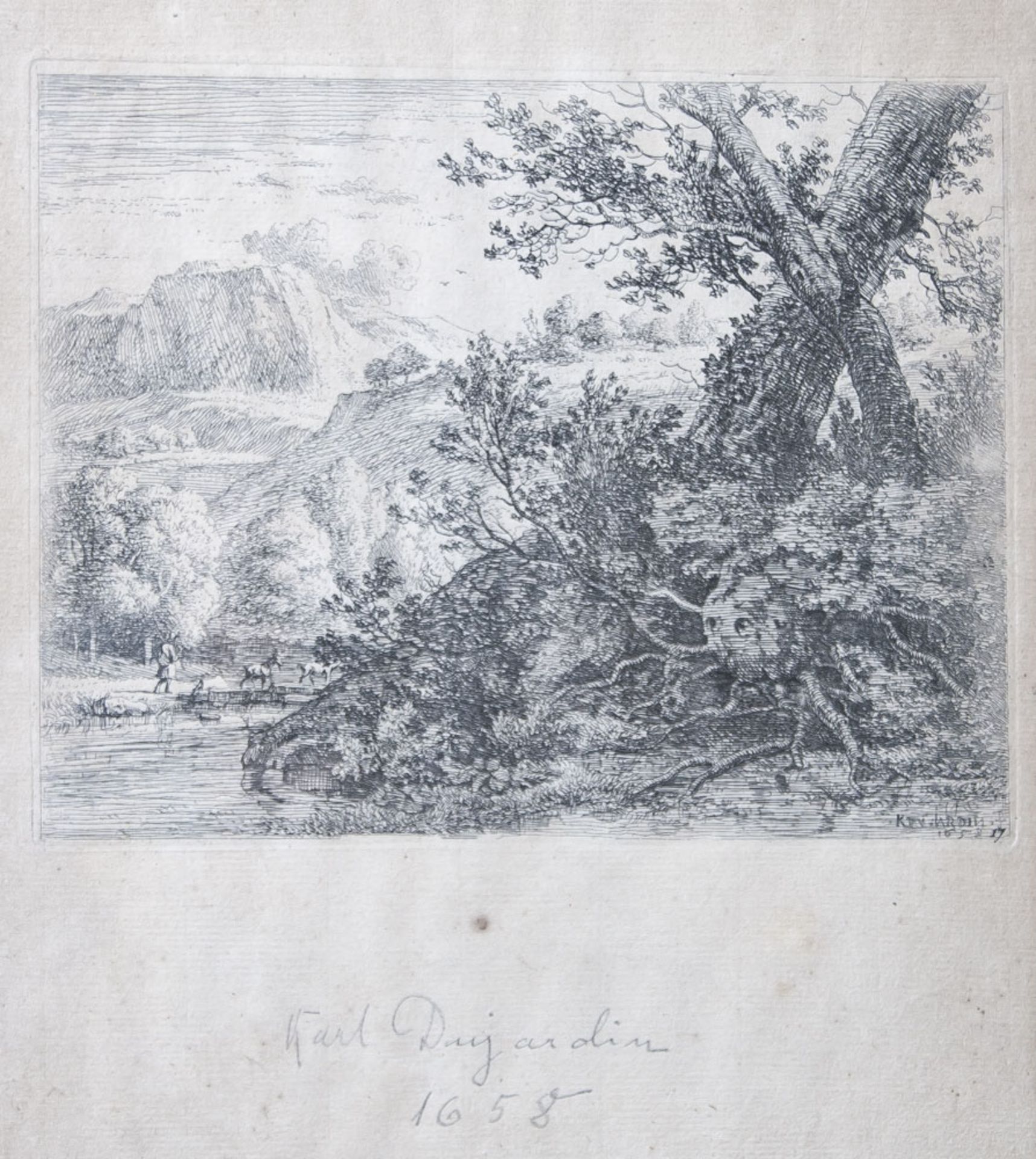 Dujardin, Karel (1622-1678), "Hirte mit Ziegen ein Gewässer querend", Radierung, in derPlatte bez.