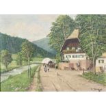 Glückert, Johannes (1868-um 1921), Pferdefuhrwerk vor Bauernhaus, Öl/Malpappe, re. u.sign. Ca. 17