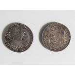 2 Silbermünzen, Mexiko, 8 Reales: a) Karl der IV von Spanien (1748-1819), 1802. b)Ferdinand der