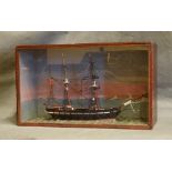 A Waterline Model of a Sailing Ship in a Glass Case - L 47cm H28cm