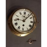 A Brass Cased Ships Bulk Head Clock with Fusee Movement - c1900 - 20cm diameter 10cm deep