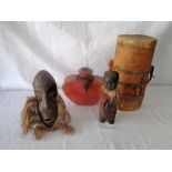 5 African Items including a skin Honey pot, vodoo