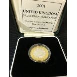 2001 silver proof two pound coin with C o A in case and posting box