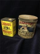 Two vintage tins, an unopened Colemans mustard and Cavanders Navy Cut Cigarettes.