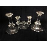 A set of three glass candlesticks by Val St Lambert all bases are signed.