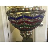 Hanging Moroccan themed gilt metal and coloured glass suspended lamp shade