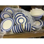 A selection of Cornishware to include tw dinner plates, two smaller plates, twleve saucers, a