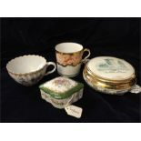 A armorial teacup, coffee can, green trinket box, Limoges box,