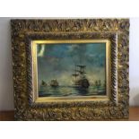 Oil on board painting of a naval battle scene in a gilt frame