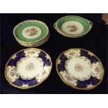 A selection of ornate table crockery to include: two Coalport X1002 batwing cobalt blue, gold and