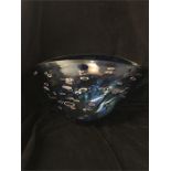 Large blue glass ornamental glass bowl - signed.