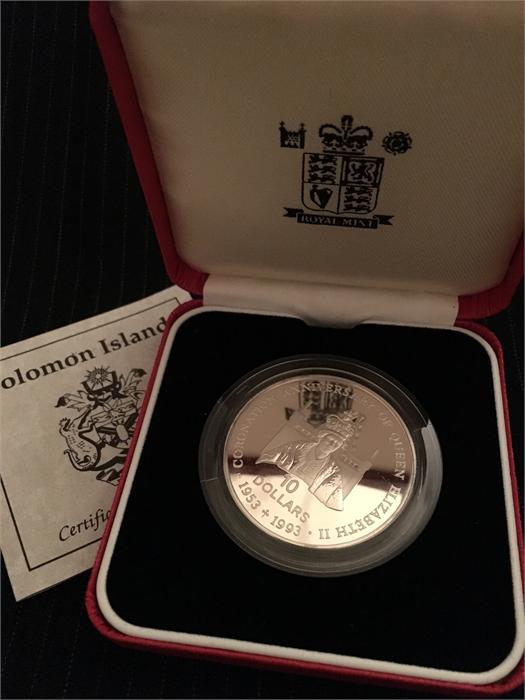 A Royal Mint silver proof $10 Solomon Island coin celebrating the 40th Anniversary of the Coronation