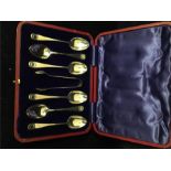 Boxed set of six matching silver teaspoons and sugar nips by James Deakin & Sons - John & William
