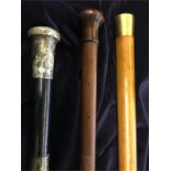 A selection of swagger/walking sticks, including one gold topped malacca and one silver with