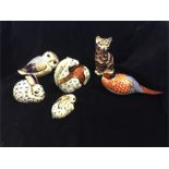 Set of six Royal Crown Derby figures including rabbits, owl and horse.