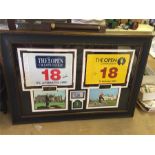 A very nicely presented box frame of Two signed 18th hole flags. One by Arnold Palmer on his last