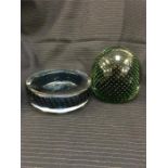 Mid Century glass, a Whitefriars blue bubble ashtray and a green bubble paperweight.