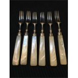 Set of six silver and mother of pearl handled forks Hallmarked Sheffield 1951